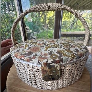 Large mid-century wicker sewing basket with floral bird print, made in Japan